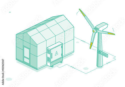 Isometric greenhouse with wind turbine. Farming and horticulture concept. Closed door. Outline object isolated on white background. Glass house. Ecology lifestyle.