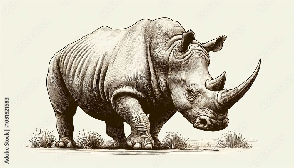 Obraz premium Hand drawn Engraving style of rhino. Retro illustration.