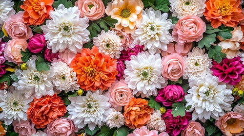 A vibrant arrangement of colorful flowers, showcasing an array of roses, dahlias, and peonies against a lush green backdrop.