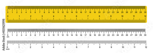 Measuring tool. School supplies. Measuring charts with 30 centimeters, 12 inches. Rulers Inch and metric rulers template.