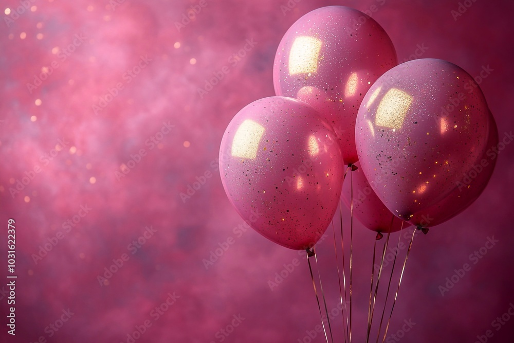 Pink soft pastel glossy balloons with golden tint on dark pink background with space for text, festive background for advertising, birthday, holidays


