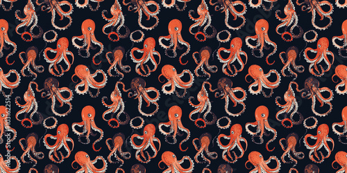 Octopus pattern with ocean-inspired, marine-themed designs. Background seamless pattern. photo