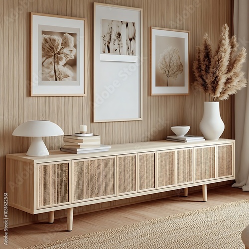 Beige Wooden Cabinet  Decorated With Pampas Grass and Frames