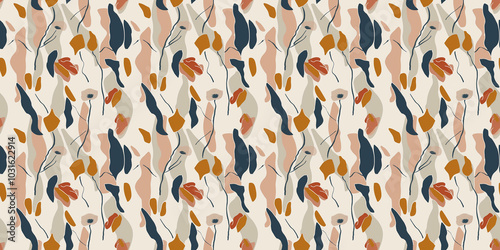 Abstract boho pattern with raw, freeform shapes and earthy tones. Background seamless pattern.