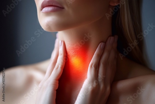 Redness at neck of woman. Concept of sore throat, pharyngitis, laryngitis, thyroiditis, choking or dysphagia.
Red, irritated neck of a woman, highlighting symptoms of sore throat, pharyngitis, laryn

