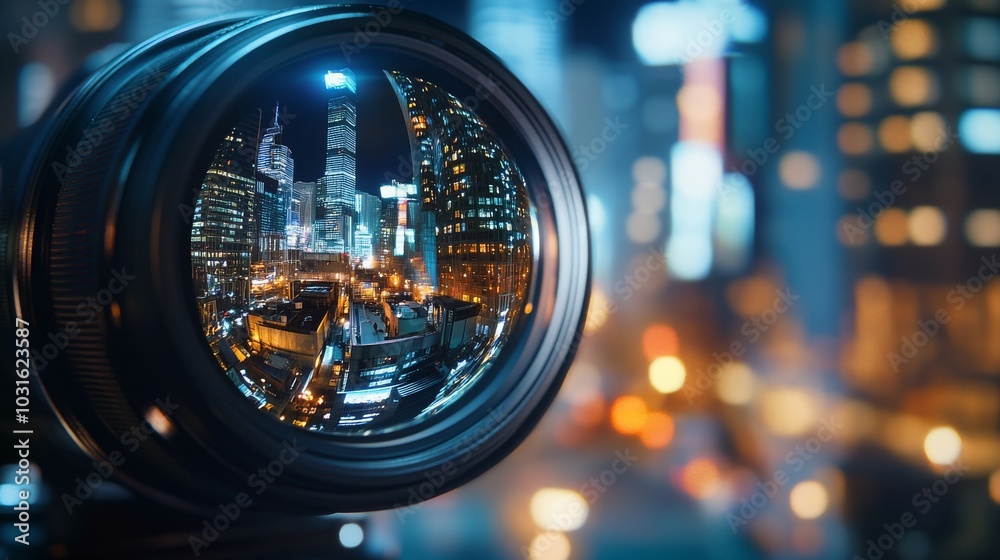 Close-up of a camera lens focusing on a vibrant cityscape. Close-up of a camera lens focusing on a vibrant cityscape.