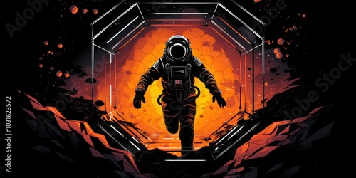 Astronaut walking through a geometric portal.