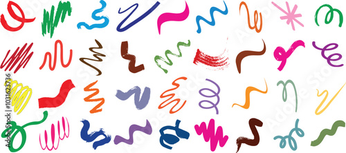 Vibrant squiggle brush strokes vector illustration shapes, and textures, perfect squiggle brush for abstract design, artistic backgrounds, creative projects, graphic design