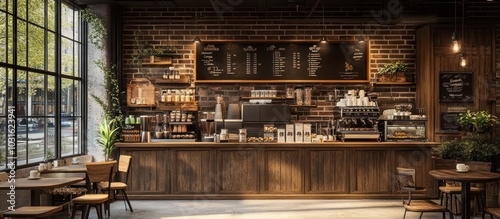 Rustic coffee shop interior with exposed brick wall, wooden counter, and large windows.