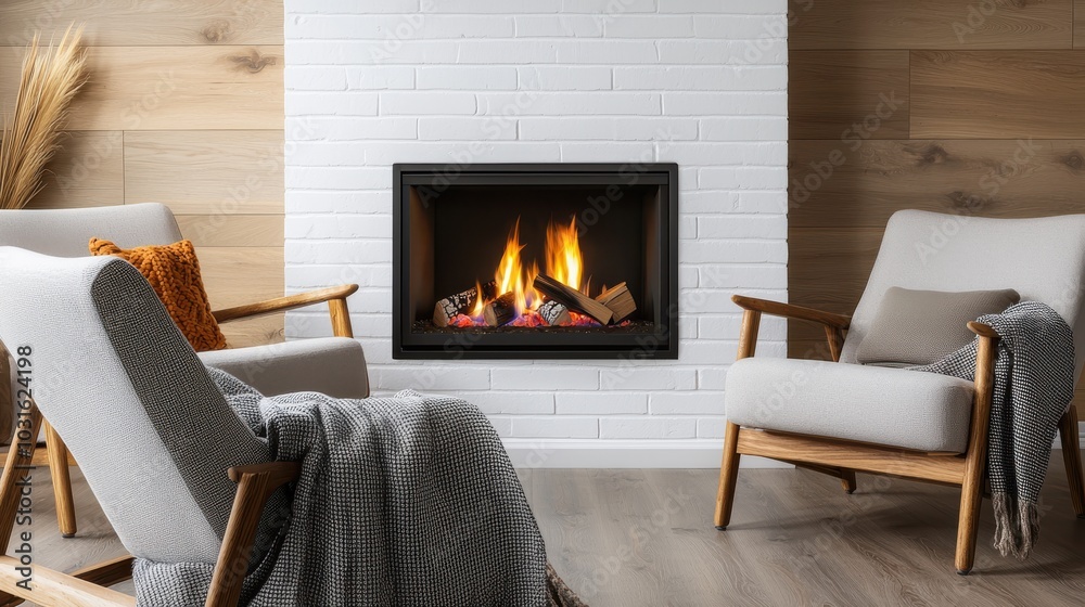 Cozy living room with modern armchairs and a warm fireplace. Cozy living room with modern armchairs and a warm fireplace.