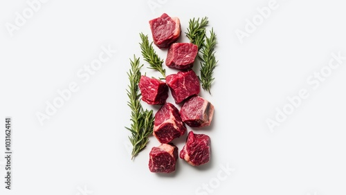 ive steak pieces on a white background with rosemary plantation photo