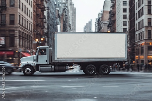 A modern delivery truck moves through a busy city intersection, showcasing urban logistics and transportation in action.