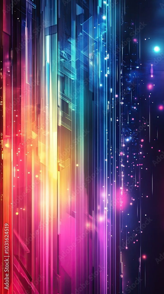 Abstract colorful background with lines and glowing particles.