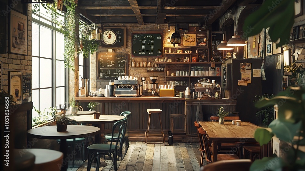 Fototapeta premium Cozy Cafe Interior with Rustic Furniture and Plants