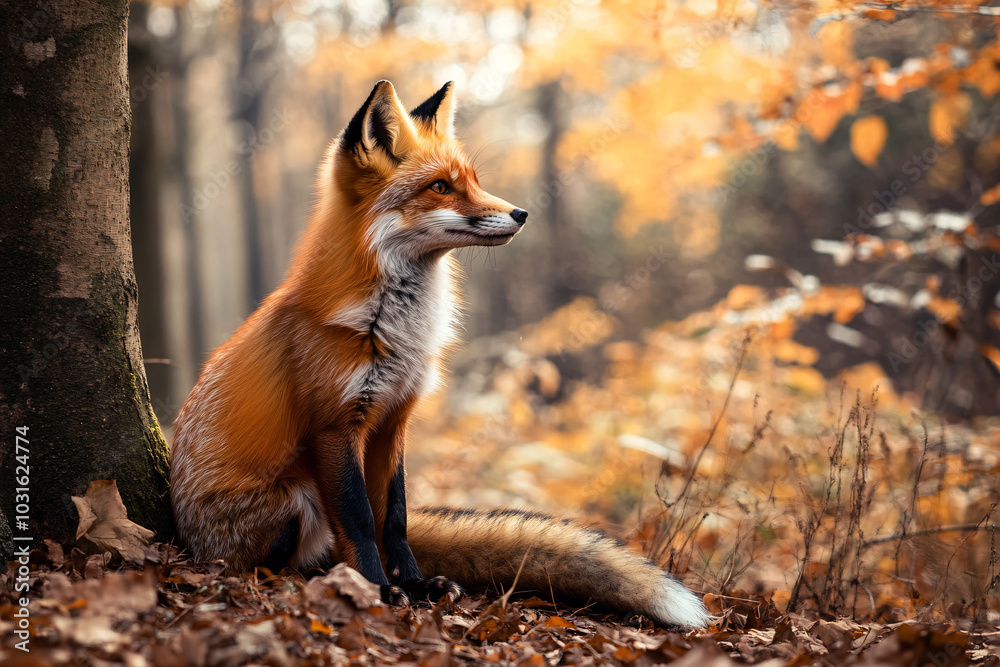 Fototapeta premium beautiful fox sitting in autumn forest