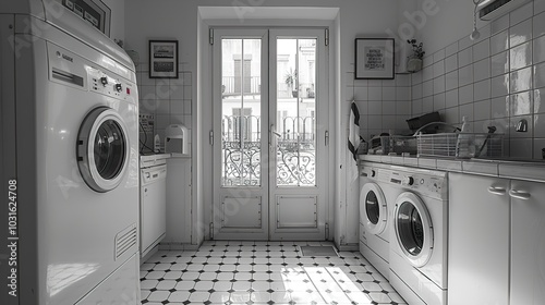 White Laundry Room with French Doors and City View photo