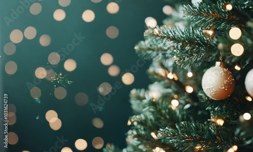 Beautifully Decorated Christmas Tree with Shimmering Ornaments and Twinkling Lights Against a Dark Green Background with Bokeh Effect