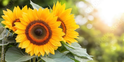 Blooming Sunflowers in Summer Field with Sunlight Background