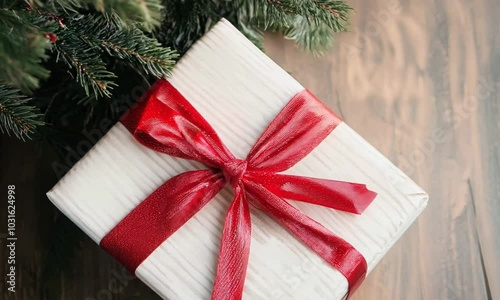 Beautifully wrapped Christmas gift box with a red satin ribbon bow placed on a rustic wooden table  The box is surrounded by pine tree branches adding a festive and cozy holiday atmosphere  photo