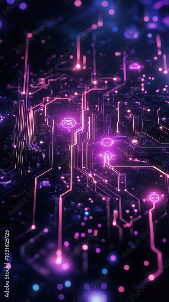 Obraz premium Vibrant circuit board design with glowing purple lights and intricate patterns, symbolizing technology and innovation.