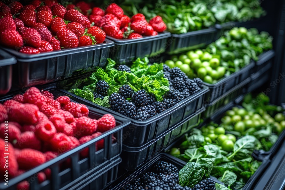 Close-up of fresh berries and greens in a grocery store display, showcasing vibrant colors and textures. Close-up of fresh berries and greens in a grocery store display, showcasing vibrant colors and textures.