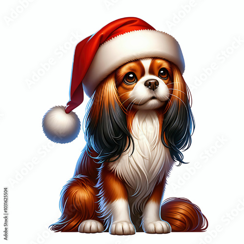 Tibetan spaniel dog sitting wearing a santa hat, dog christmas clip art design photo