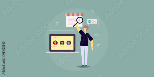 People with magnifier in hand, searching business review and customer feedback before making purchase decision, concept illustration. 
