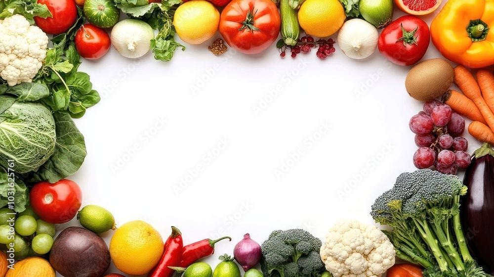 Fresh fruits and vegetables arranged around a white space for your design. Fresh fruits and vegetables arranged around a white space for your design.