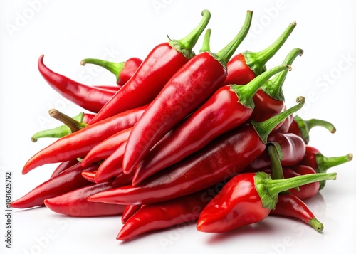 Stack of Vibrant Red Chili Peppers Isolated on White Background for Food Photography