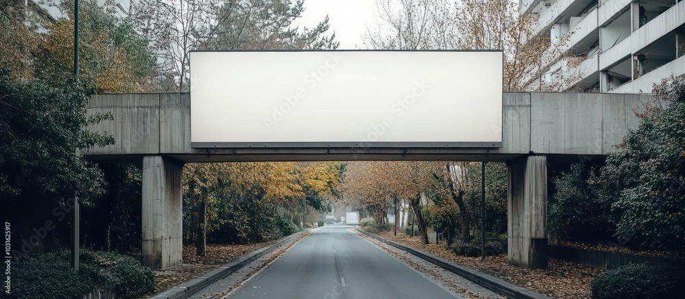 Blank billboard on an overpass above a street with trees on both sides. Blank billboard on an overpass above a street with trees on both sides.