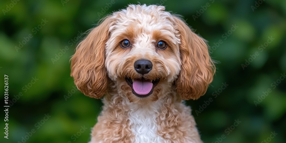 Happy Dog Portrait Cute Puppy Smiling Pet Brown and White Fur Green Background Happy Dog Portrait Cute Puppy Smiling Pet Brown and White Fur Green Background