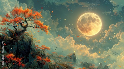 Full Moon Over Autumn Mountains: A Dreamy Landscape