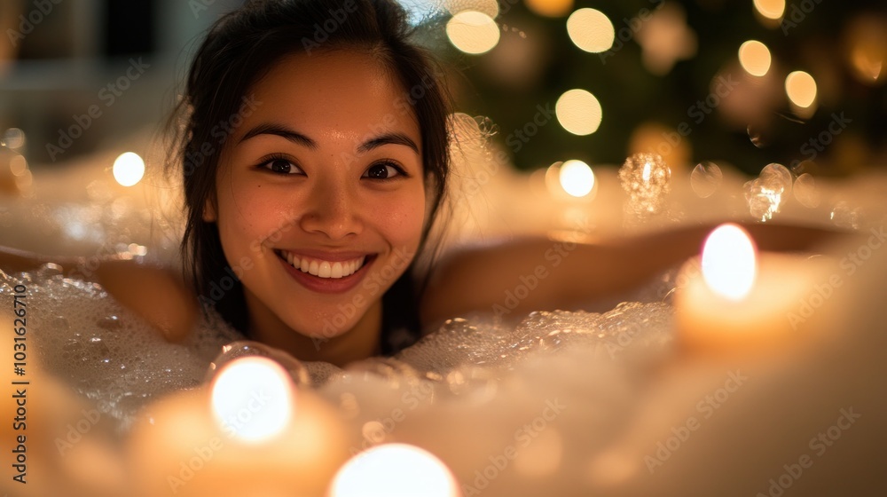 Woman smiling in a bubble bath with candles Woman smiling in a bubble bath with candles