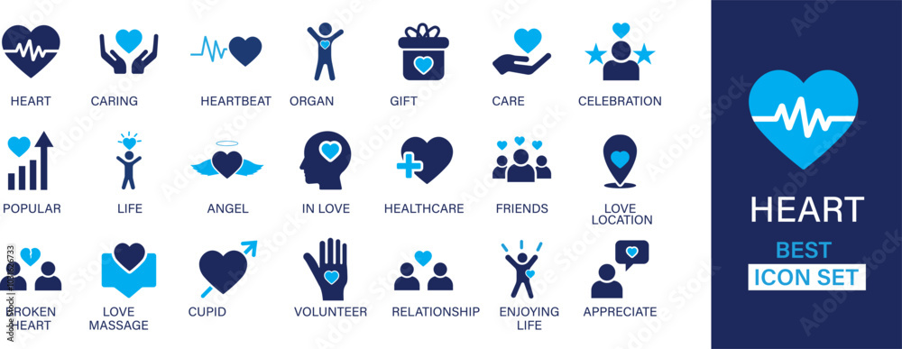Heart icon set. Containing life, heartbeat, caring, passion, healthcare, emotional, like, charity and more. Solid vector icons collection. Heart icon set. Containing life, heartbeat, caring, passion, healthcare, emotional, like, charity and more. Solid vector icons collection.