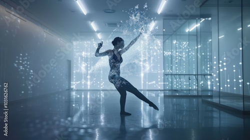 A dancer in a minimalist studio with an AI assistant as a trail of digital particles enhancing the choreography. Soft, diffused lighting creates a serene environment. AIG60