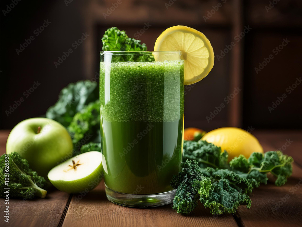A glass filled with green juice made from kale and lemon, highlighting a nutritious and energizing drink. A glass filled with green juice made from kale and lemon, highlighting a nutritious and energizing drink.
