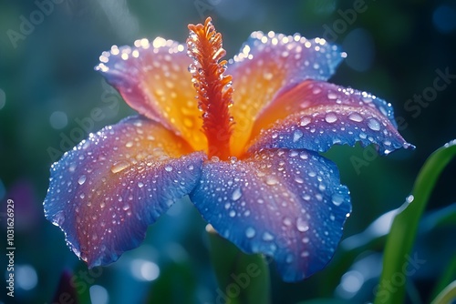 Close-Up of a Dew-Covered Flower with Vibrant Colors and Bokeh Background