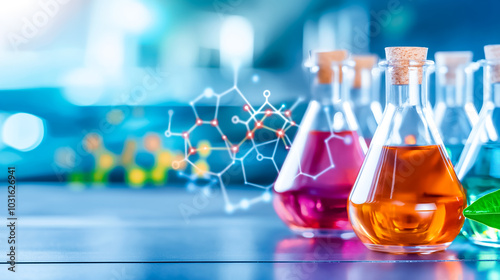 Various laboratory flasks containing colorful liquids are arranged on a bench. A digital representation of molecular structures appears in the background, enhancing the scientific atmosphere