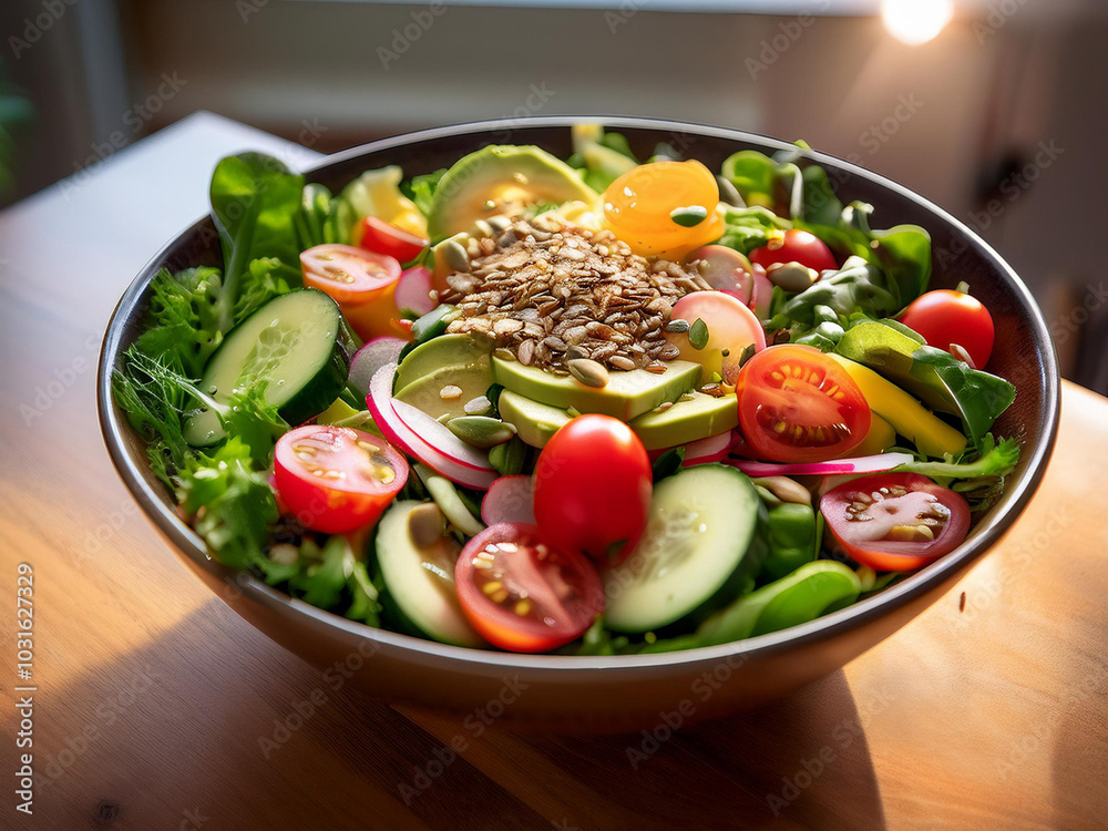 A bowl of mixed salad showcasing ripe tomatoes, crunchy cucumbers, and various vegetables. A bowl of mixed salad showcasing ripe tomatoes, crunchy cucumbers, and various vegetables.