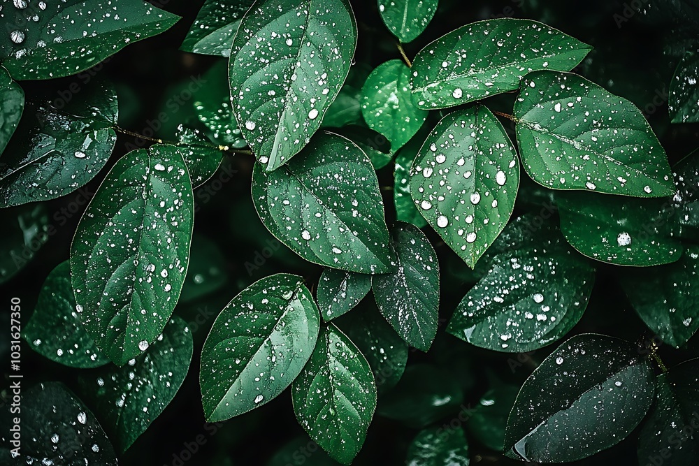 Raindrops on Lush Green Leaves - Nature's Beauty in Close-Up Raindrops on Lush Green Leaves - Nature's Beauty in Close-Up