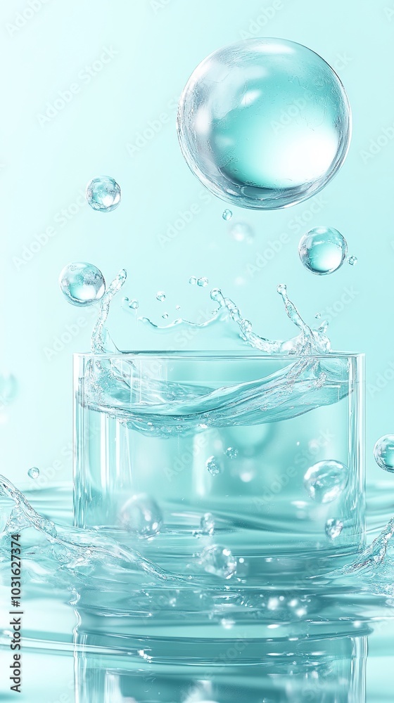 Elegant Abstract Background in Light Blue Featuring Symmetrical Arrangement of Clear Water Droplets on Soft Leather, Highlighting the Essence of Beauty and Freshness, Perfect for Skincare Advertising Elegant Abstract Background in Light Blue Featuring Symmetrical Arrangement of Clear Water Droplets on Soft Leather, Highlighting the Essence of Beauty and Freshness, Perfect for Skincare Advertising