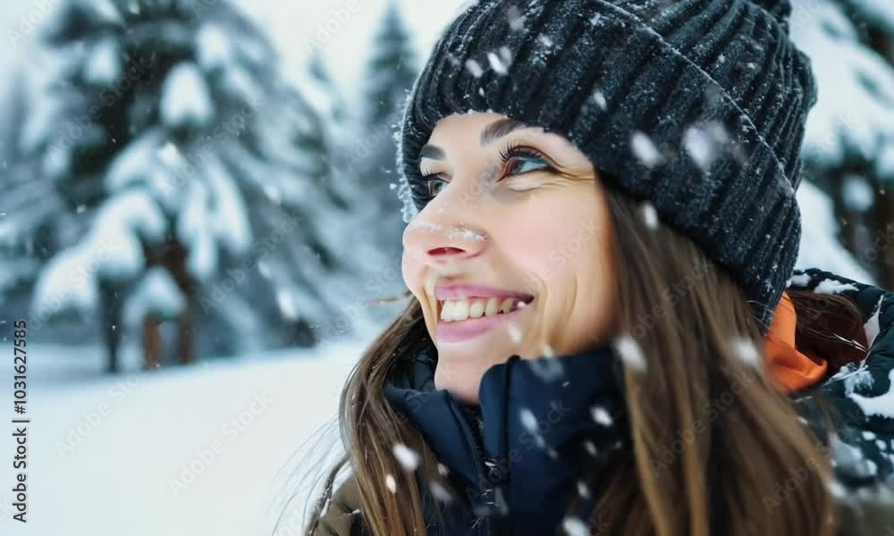 Portrait of a smiling woman wearing a knitted hat and jacket in the snowy winter forest. Portrait of a smiling woman wearing a knitted hat and jacket in the snowy winter forest.