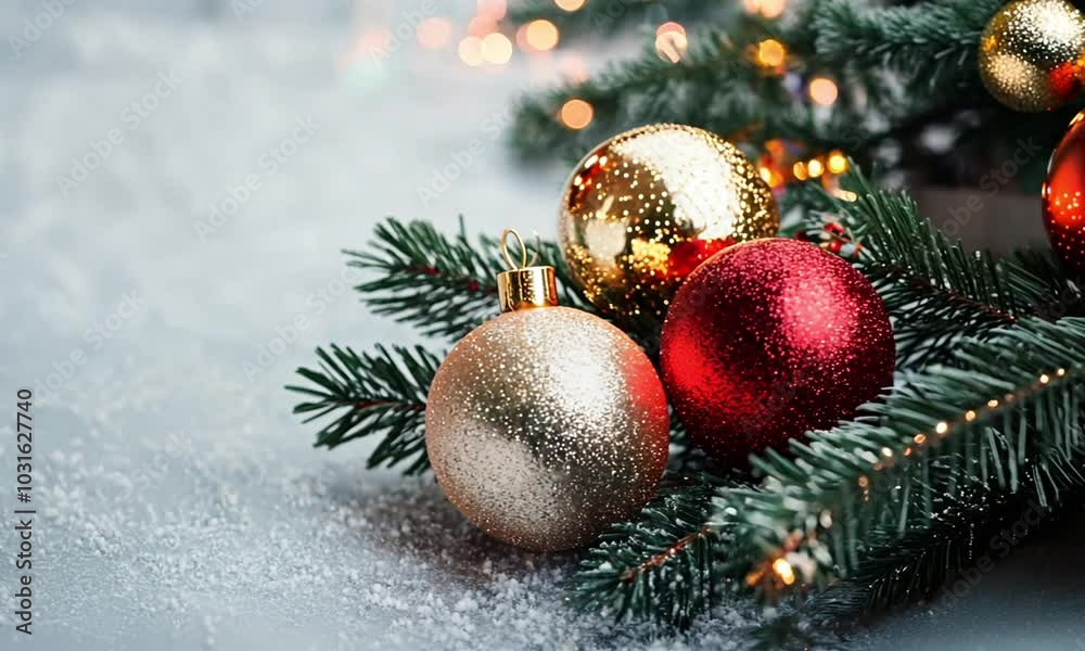 Close up view of shiny golden and red Christmas ornaments hanging on lush green fir tree branches with soft blurred warm holiday lights in the background creating a cozy and festive atmosphere 