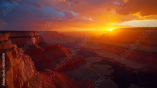 Stunning Sunset Over Canyon Landscape with Golden Clouds and Dramatic Cliffs