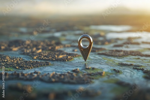 Location pin on a map in a serene landscape, representing navigation. photo