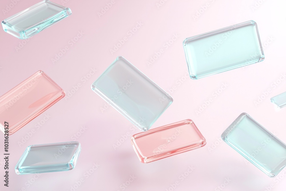 3D render of glass tabs floating on a clean background, pastel color 3D render of glass tabs floating on a clean background, pastel color