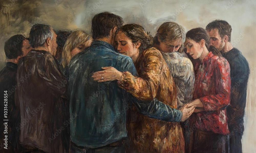 Naklejka premium A group of people hugging in a painting.