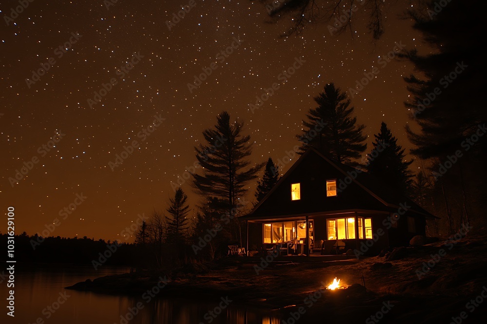 Cozy Cabin with Starry Night Sky and Campfire by the Lake Cozy Cabin with Starry Night Sky and Campfire by the Lake