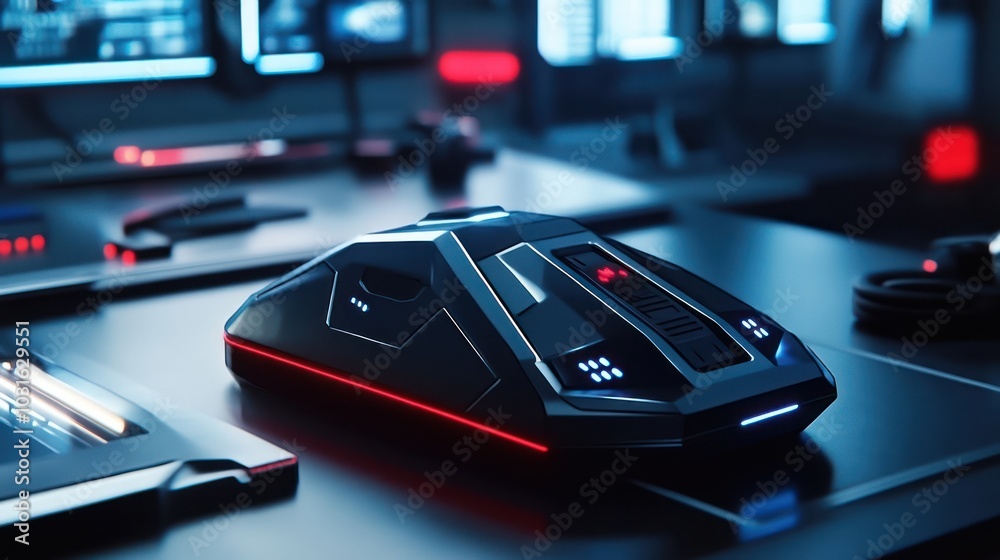 Futuristic black computer mouse with red and blue lights on a dark desk. Futuristic black computer mouse with red and blue lights on a dark desk.
