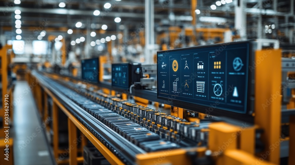 Close up of a modern factory production line with digital displays showing data and graphs. Close up of a modern factory production line with digital displays showing data and graphs.
